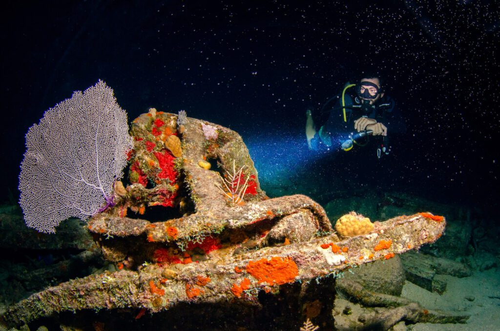 Man diving and exploring reefs at night